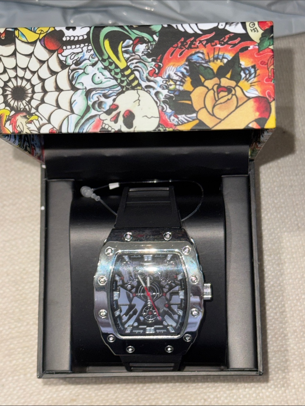 Ed Hardy Black Skeleton Dial Watch with Silver-Tone Case